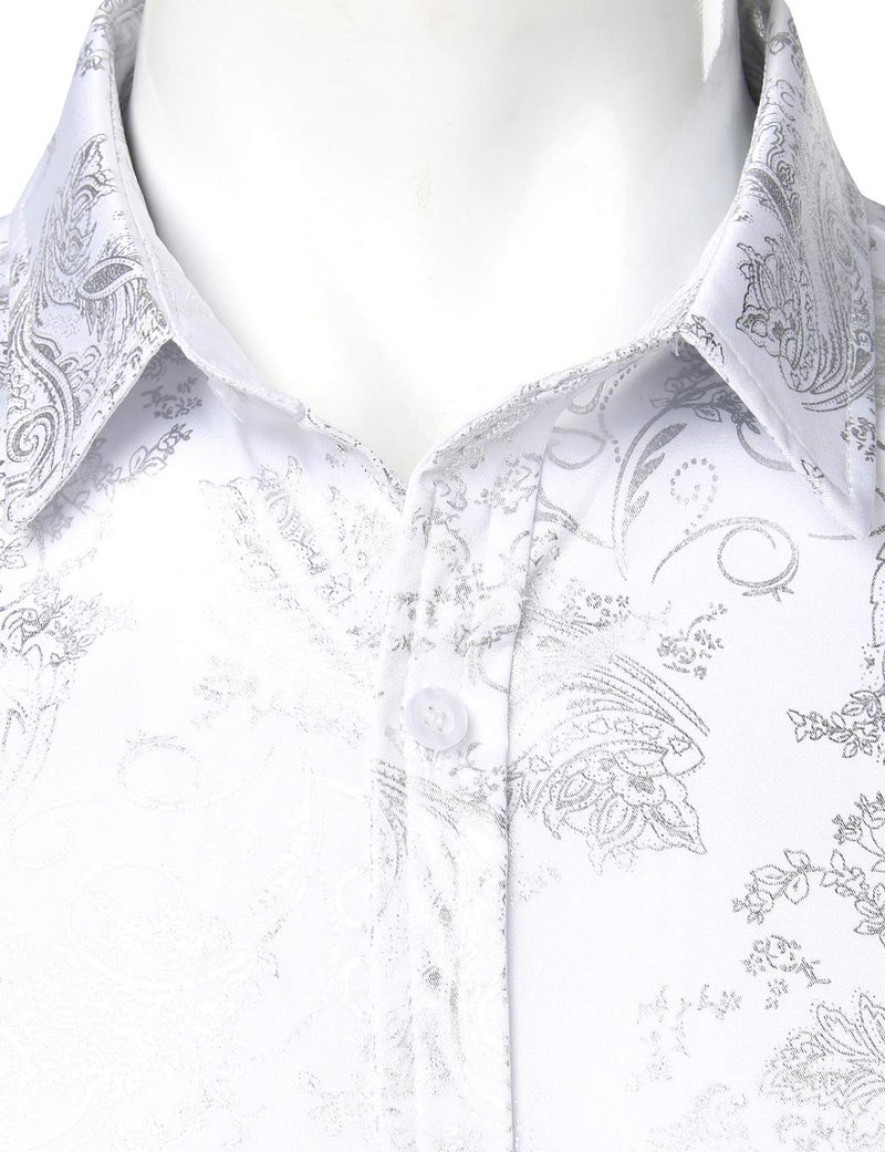 ZEROYAA Men's Luxury Paisley Silver Shiny Printed Stylish Slim Fit Button Down Dress Shirt ZLCL18 White Silver Large - Image 3